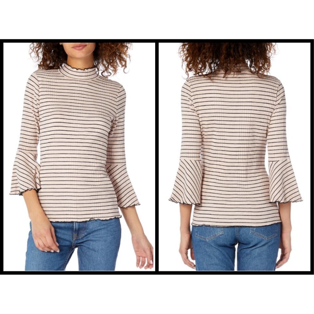 💕MICHAEL STARS💕 Rachel Stripe Mock Neck Top ~ Whisper Striped 90s Lettuce Edge